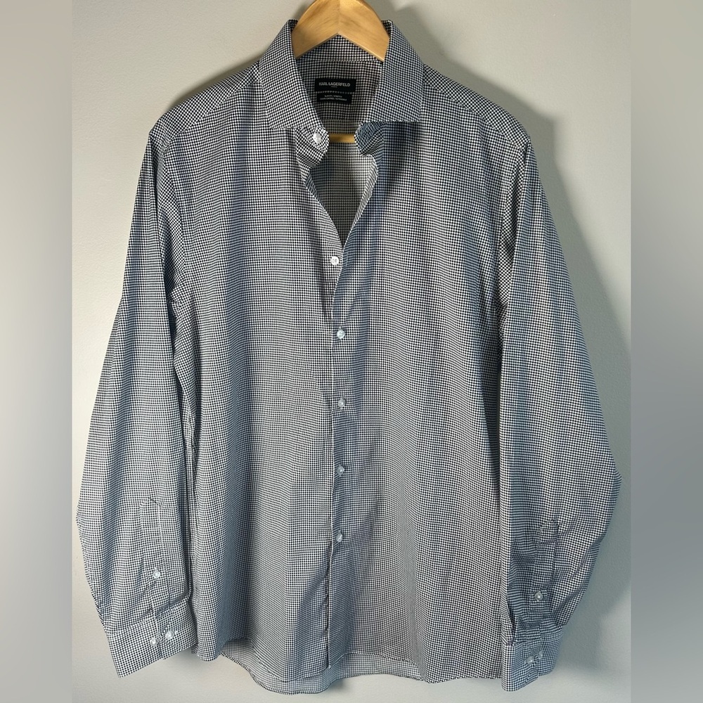 Karl Lagerfeld Paris Houndstooth Button Down Shirt Slim Fit Stretch Sz L NWOT